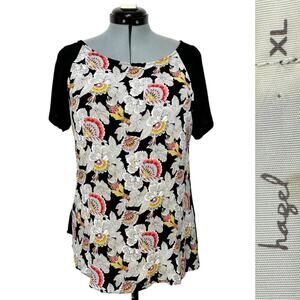Hazel Linen Blend Floral Blouse Japanese Inspired Key Hole Back Flowy Top Sz: XL